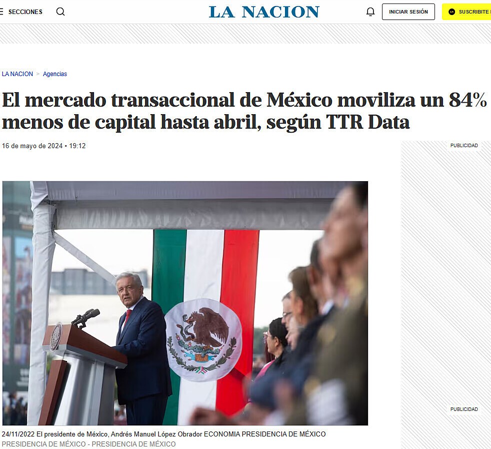 El mercado transaccional de Mxico moviliza un 84% menos de capital hasta abril, segn TTR Data